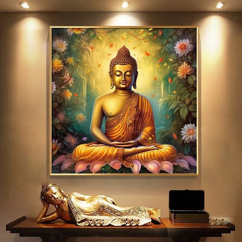 花开见佛a(正方形) 50*50cm 铝合金框  棉麻油画布