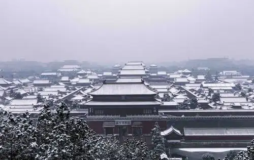 我在拍完东角楼后,急忙登上景山万春亭,俯瞰帝都,初雪朦胧,为故宫蒙上