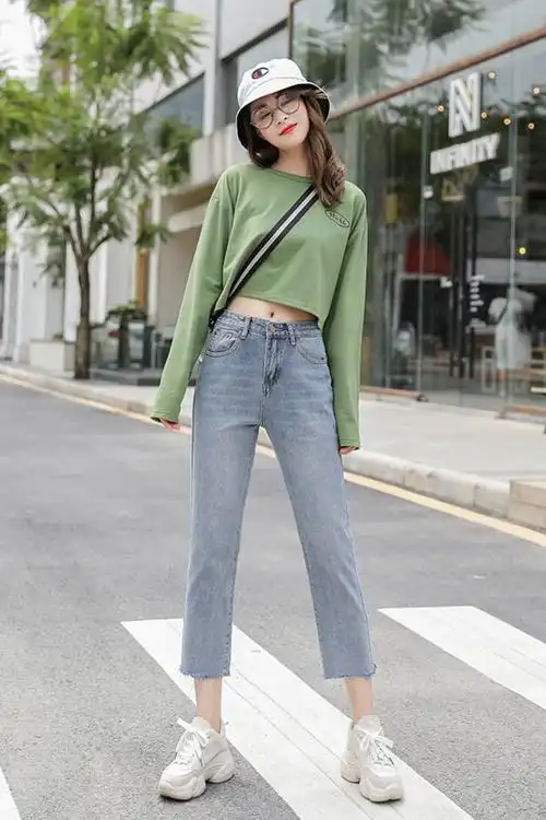 春夏高腰牛仔裤女宽松八分阔腿裤九分直筒裤搭配长袖t恤两件套装