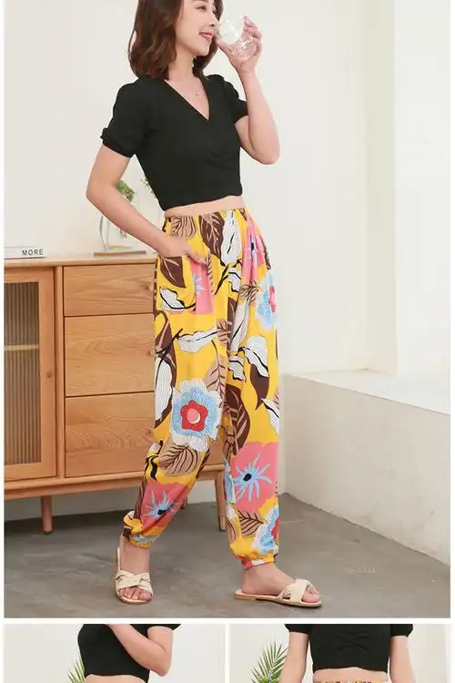 艾方鸟棉绸裤女士夏天穿的裤子女式夏季家居睡裤可外穿女裤宽松绵绸