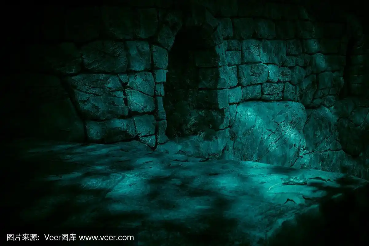 城堡里阴森森的洞穴,隧道里的凹室,地下室的入口在神秘的月光下有着