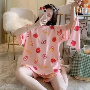 粉色睡衣女夏季短袖短裤两件套甜美软妹少女心宽松家居服夏天套装