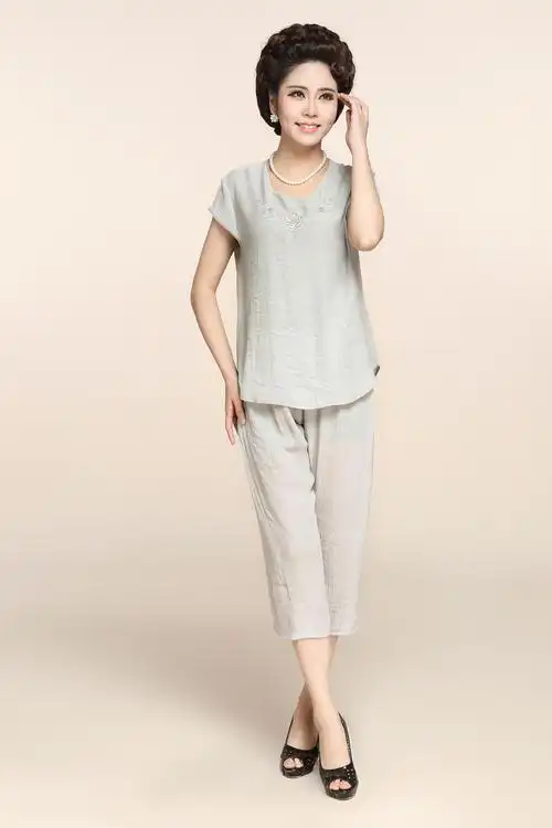 中老年套装女棉麻两件套夏