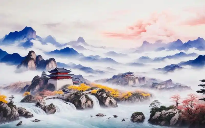 彩墨山水画如梦,墨色山川情意浓.山川河流美不尽,自然景色胜画流.