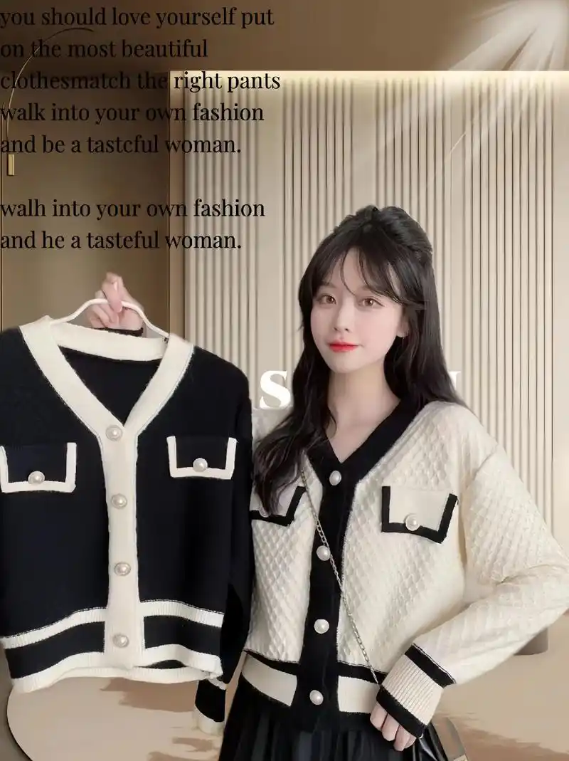 时尚韩版外搭小个子针织衫女开衫,长袖设计,不褪色,短款衣长更适合小