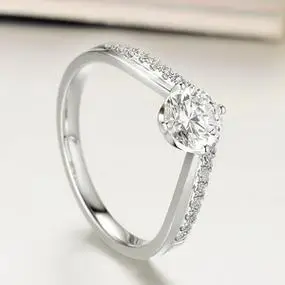 18k白金尚美v形培育钻钻石戒指排戒女求婚结婚一克拉婚戒钻戒定制