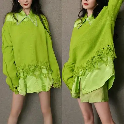 杨幂快手直播同款绿色露肩毛衣毛边破坏针织衫流苏上衣缎面衬衫女