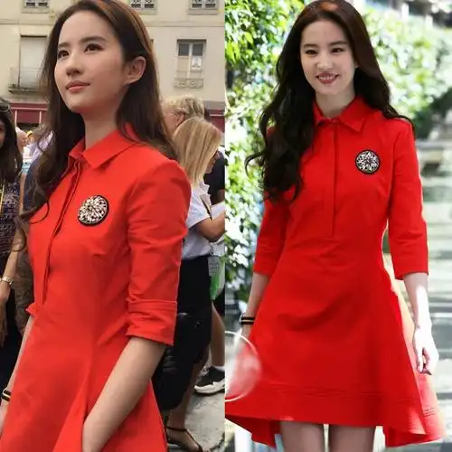 新款巴黎现场刘亦菲明星同款领红色连衣裙中长款秋装时尚衬衫中袖