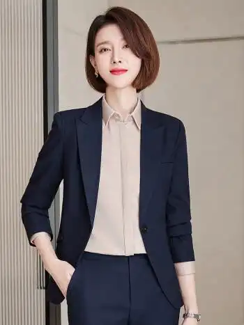韩版总裁时尚气质女神范工作服商务经理正装西服shta161藏青色套装4xl