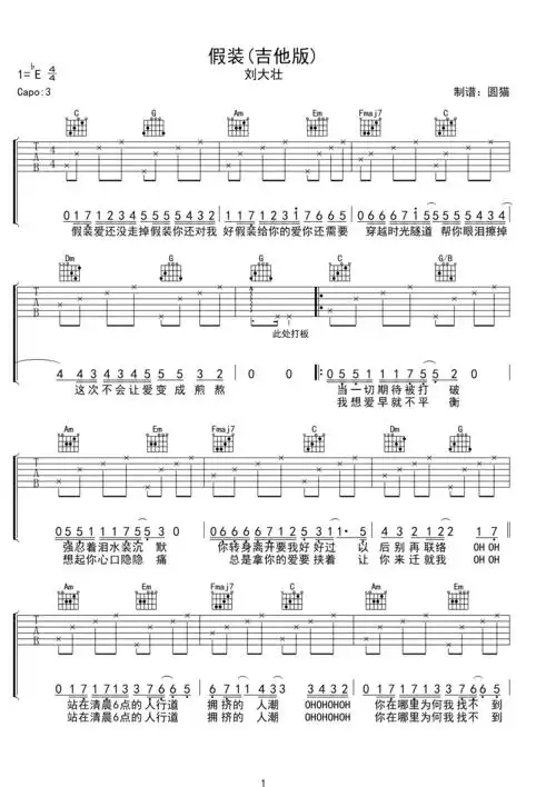 假装-c调简易版-刘大壮c调六线pdf谱吉他谱-虫虫吉他谱免费下载