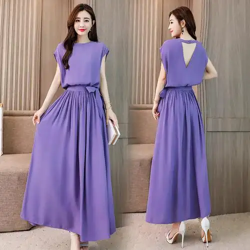 紫色连衣裙女夏款女士新品韩版气质收腰雪纺长裙温柔仙女夏天裙子