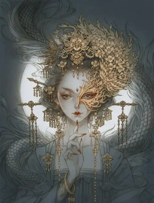 古风插画古戈力半面妆