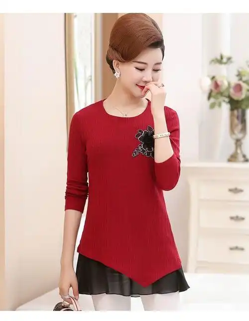 妈妈春装长袖打底衫中年40岁50t恤中老年女装春秋网纱上衣新款