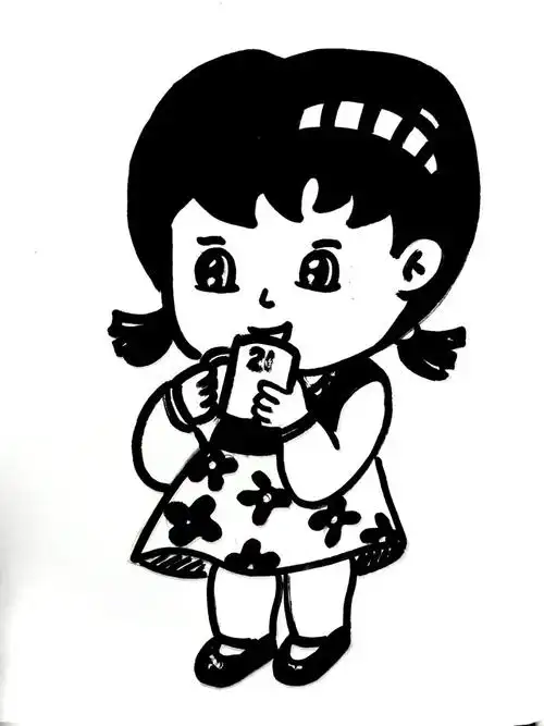 简笔画素材《喝水的小女孩》
