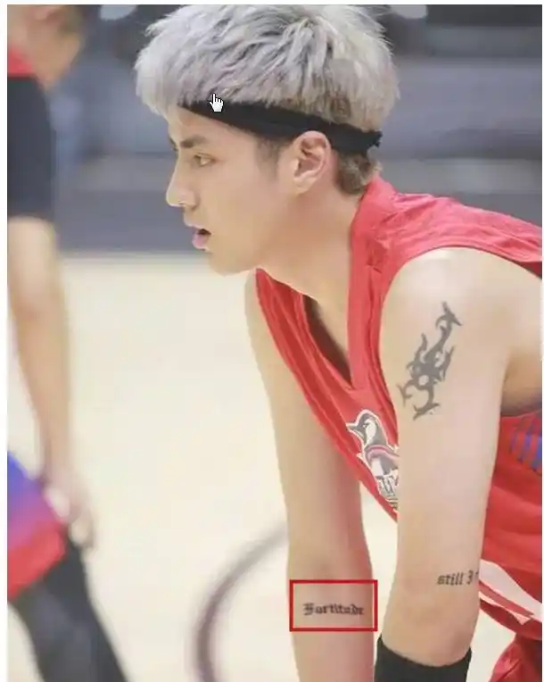 吴亦凡 的手臂内侧的纹身也是个英文"fortitude(坚韧,刚毅)",有没有