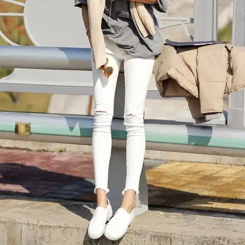 suntek白色牛仔裤女春秋冬高腰八分破洞修身九分薄款显瘦紧身弹力小脚