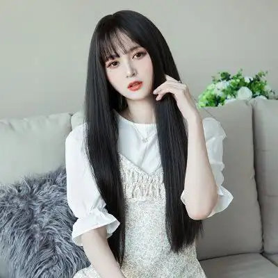 假发女黑长直发齐刘海自然空气刘海中长发cos网红气质修脸全头套