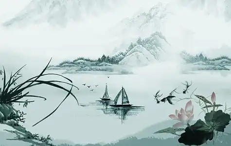 中国风小船荷塘蓝色背景素材