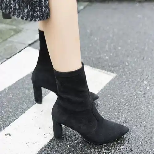 女鞋2017新款子潮高跟欧洲站秋百搭弹力靴显瘦冬季真皮短靴女春季