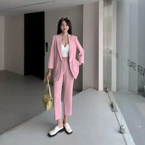 粉色西装套装女时尚干练气质职业大学生通勤休闲小西服两件套