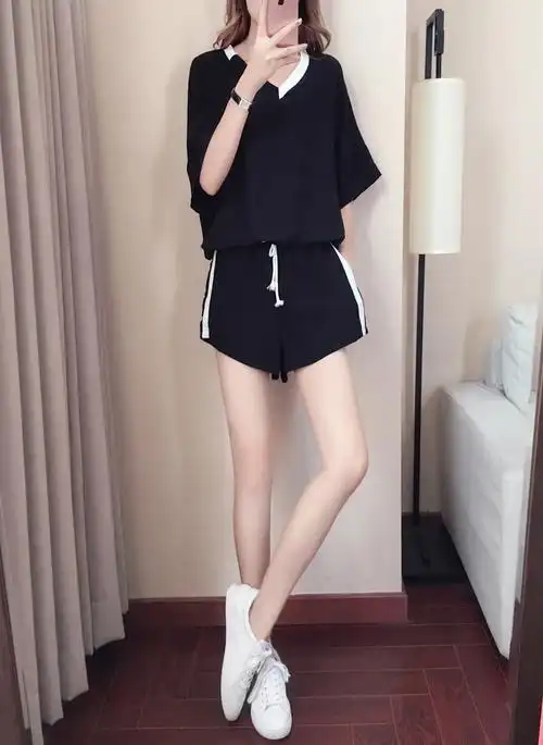 pq60760# 夏天短袖短裤运动服套装女夏2018新款韩版宽松v领洋气休闲两