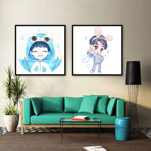 卡通版王俊凯手绘简约ins插画学生休闲减压diy数字油画客厅装饰画