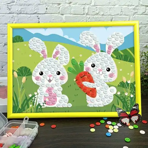 幼儿园小孩手工美劳纽扣粘贴画小学生儿童可爱小白兔子动物扣子画