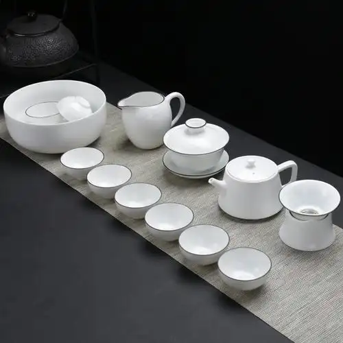 聚晟白瓷茶具套装整套陶瓷功夫茶具定窑亚光脂白茶壶盖碗茶杯家用