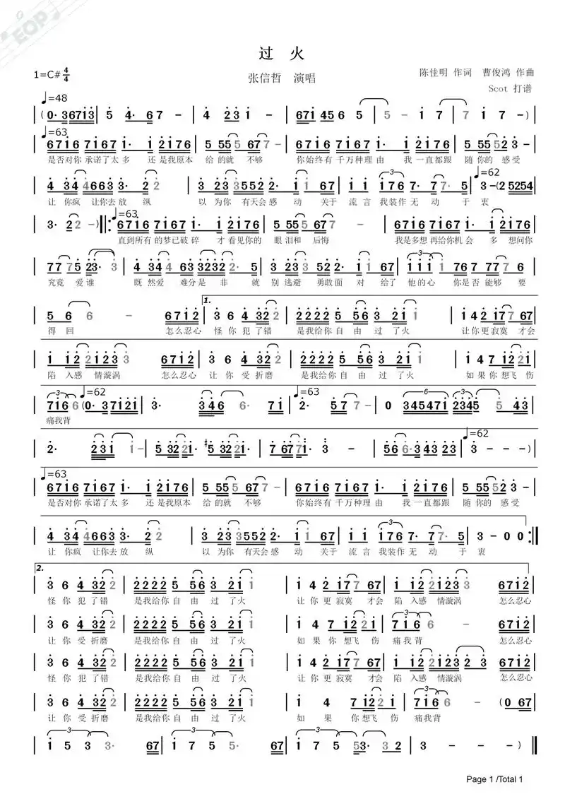 「怀旧金曲」过火(张信哲演唱)——动态简谱