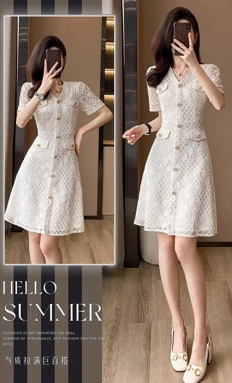 这款夏季新款女装法式小香风温柔气质风蕾丝v领连衣裙