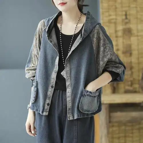 牛仔衣女宽松大码复古拼接碎花拼布显瘦连帽休闲外套