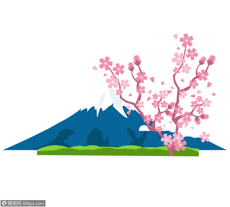 富士山和樱花手绘插图