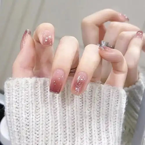 美甲片成品冰透豆沙渐变闪粉珍珠穿戴假指甲片贴片指甲贴显白美甲