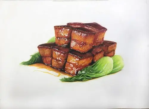 彩铅红烧肉的示范教程小雪超写实彩铅作品