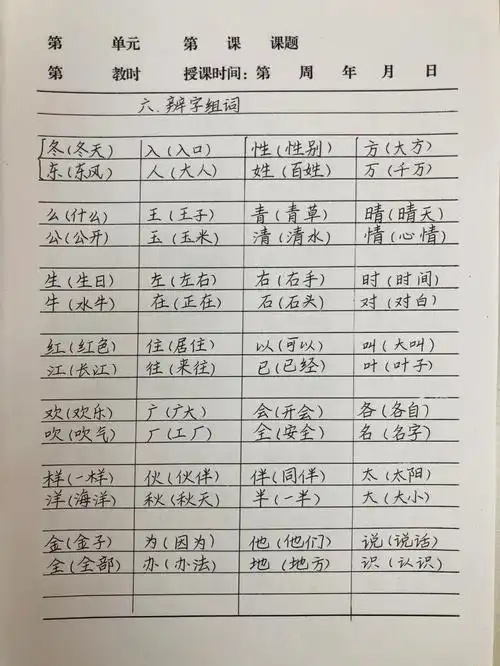 一年级语文下册复习6辨字组词