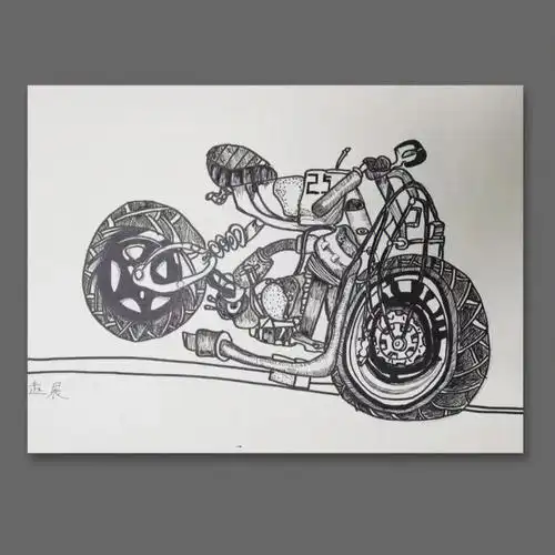 原创少儿美术线描摩托车写生