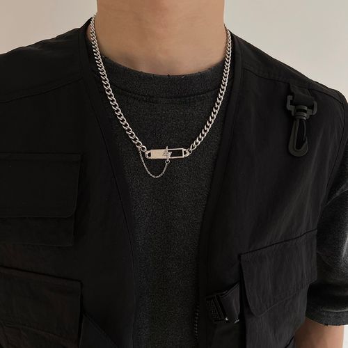 高级感潮牌闪电方牌项链男女嘻哈张艺兴同款古巴链吊坠情侣项链子