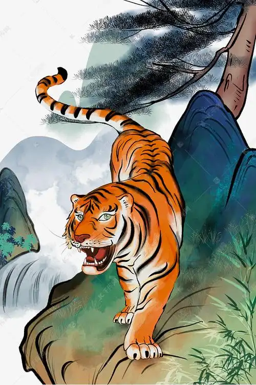 90954)虎年贺图下山虎猛虎水墨山水风景素材2021-08-25发布,千库图片