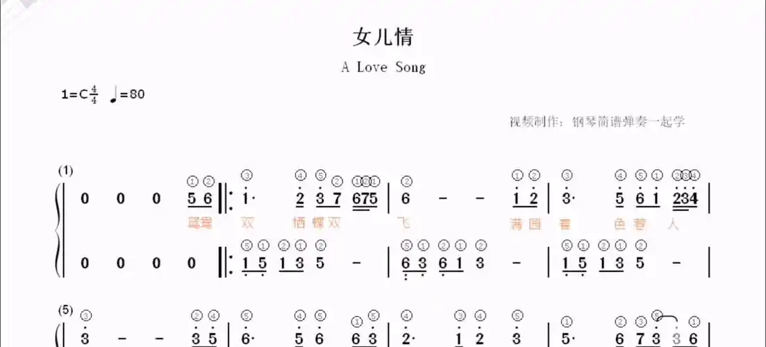 全c调编配歌词指法简谱女儿情c调简单版带歌词指法版钢琴简谱弹