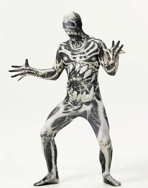 万圣节恐怖死亡骷髅人全包紧身变形印花连体衣全包民族服装