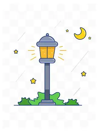 矢量卡通手绘简约可爱路灯月亮星星草丛元素