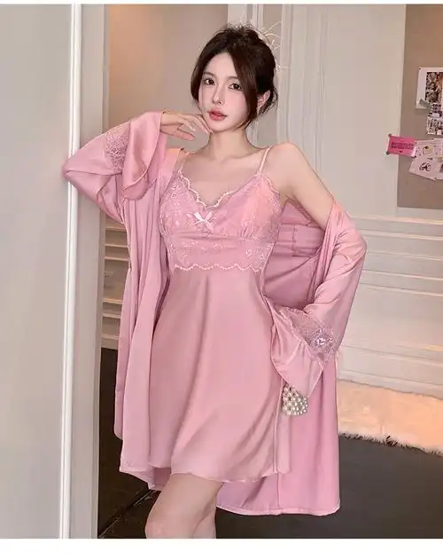 【宏兴】2024春夏新女士带胸垫吊带睡裙蕾丝性感冰丝两件套睡衣薄款