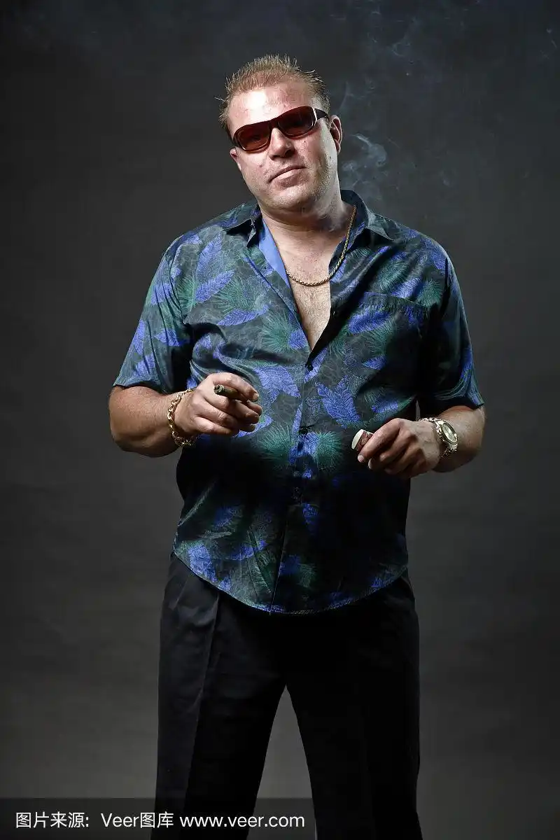 穿着休闲装,吸着雪茄,戴着太阳镜的黑帮男子.