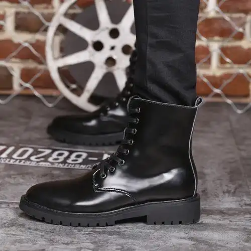 秋冬韩版马丁靴男真皮保暖男士中筒靴休闲军靴男皮靴潮高帮男鞋