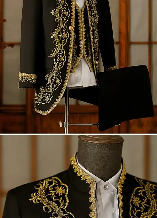 欧洲中世纪服装男复古贵族礼服王子国王戏服欧式舞台演出服 黑色 外套