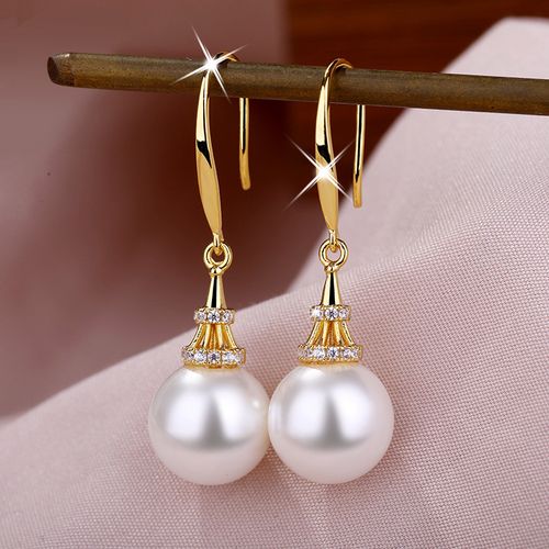 特价珍珠耳坠 日韩 优雅_金色锥形潮925纯银珍珠耳环女日韩名媛气质