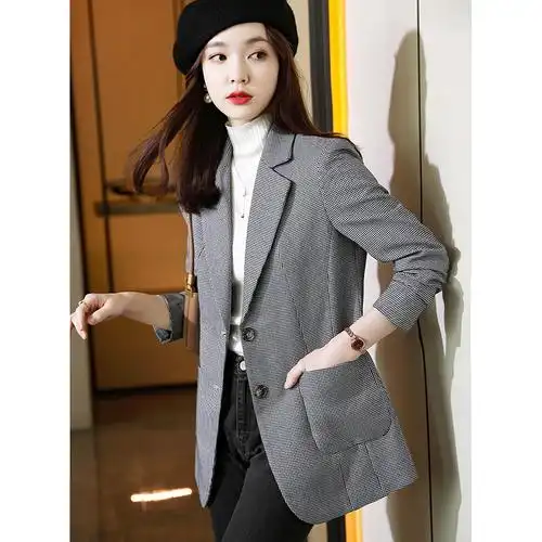 秋冬款西装外套女气质小个子炸街千鸟格灰色复古女士质感格纹西服