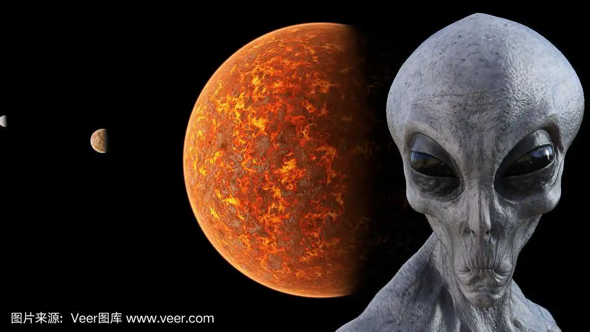 一个灰色的外星人在太空与火热的世界和行星的背景插图.