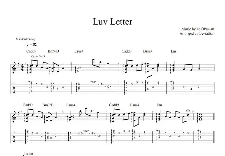 luv letter吉他谱_dj okawari_g调指弹