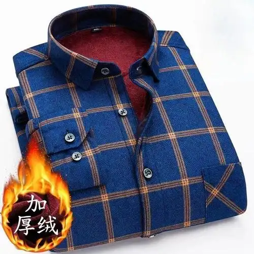长袖保暖衬衣格子加绒加厚衬衫冬季款男士休闲商务双面德绒爸爸装